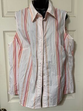 George White Sleeveless Button-Up with Pink & Peach Stripes